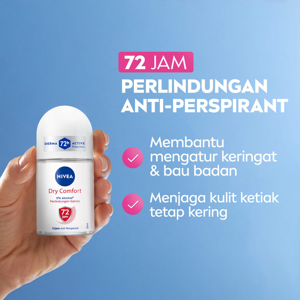 (PAKET HEMAT ISI 4) NIVEA Deodorant Roll On Dry Comfort 25ml - Deodoran wanita kering mengontrol minyak anti bau keringat dan bakteri aroma lembut segar tahan lama seharian - Antiperspiran, tidak mengandung ethyl alkohol cocok untuk semua jenis kulit