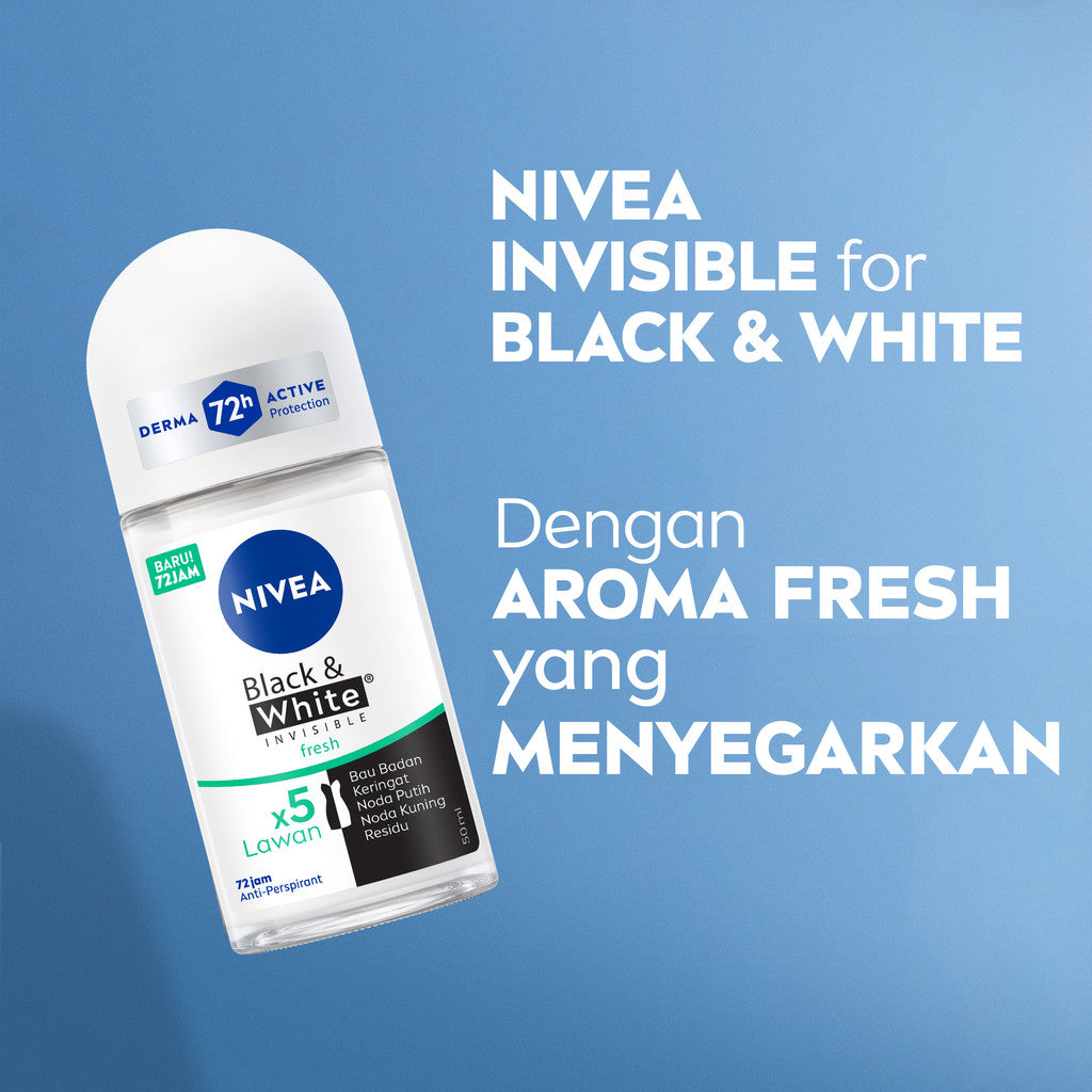 (PAKET HEMAT ISI 3) NIVEA Deodorant Roll On Black & White Invisible Fresh 50ml - Deodoran wanita melawan bau badan tahan keringat anti noda residu dengan wangi tahan lama seharian - Antiperspiran, tidak mengandung ethyl alkohol cocok semua jenis kulit
