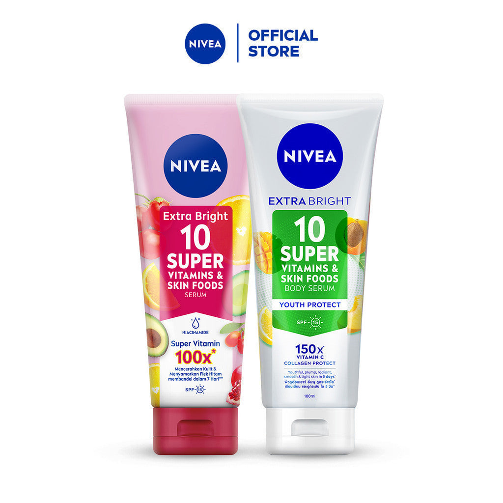 NIVEA Body Serum Extra Bright 10 Super Vitamins & Skin Foods Niacinamide + Collagen 180ml x2 - Mencerahkan, menyamarkan noda hitam, kulit terlihat muda dlm 5 hari - SPF15