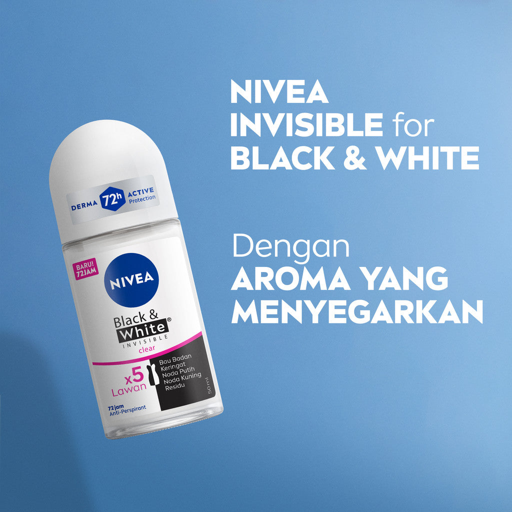 NIVEA Deodorant Roll On Black & White Invisible Original 50ml - Deodoran wanita melawan bau badan tahan keringat anti noda residu dengan wangi segar tahan lama seharian - Antiperspiran, tidak mengandung ethyl alkohol cocok semua jenis kulit