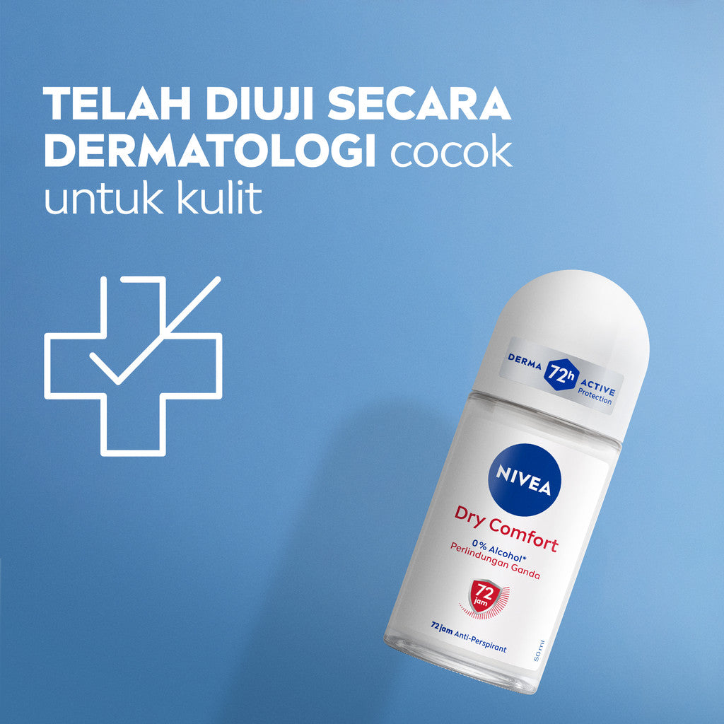NIVEA Deodorant Roll On Dry Comfort 50ml - Deodoran wanita kering mengontrol minyak anti bau keringat dan bakteri dengan aroma lembut segar tahan lama seharian - Antiperspiran, tidak mengandung ethyl alkohol cocok untuk semua jenis kulit