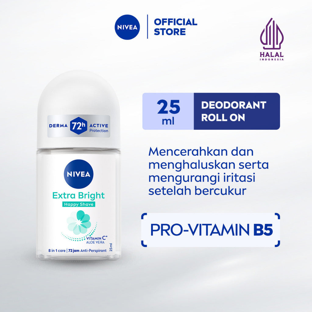 NIVEA Deodorant Roll On Brightening Happy Shave 25ml - Deodoran wanita mencerahkan mencerahkan brightening ketiak halus mulus mengurangi iritasi setelah bercukur - Vitamin C, Pro-vitamin B5, Aloe vera, 0% alkohol cocok semua jenis kulit