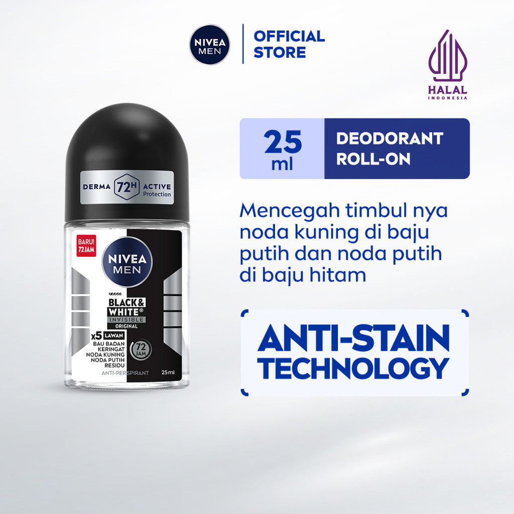 NIVEA MEN Deodorant Roll On Black & White Invisible Original 25ml - Deodoran pria melawan bakteri keringat bau badan dengan teknologi anti noda kuning putih dan residu wangi maskulin segar seharian - Antiperspiran, tidak mengandung ethyl alkohol