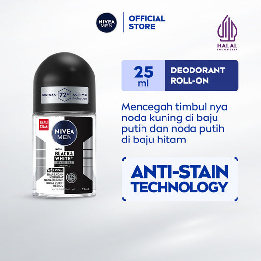 NIVEA MEN Deodorant Roll On Black & White Invisible Original 25ml - Deodoran pria melawan bakteri keringat bau badan dengan teknologi anti noda kuning putih dan residu wangi maskulin segar seharian - Antiperspiran, tidak mengandung ethyl alkohol