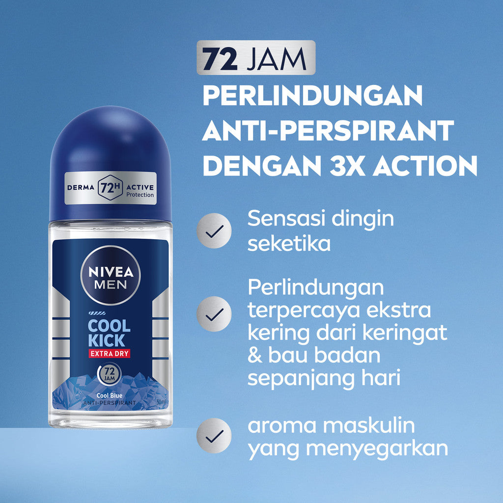 NIVEA MEN Deodorant Roll On Cool Kick 50ml - Deodoran pria perlindungan ekstra kering dari keringat bau badan dengan sensasi dingin dan wangi sporty maskulin seharian - Antiperspiran, tidak mengandung ethyl alkohol cocok untuk semua jenis kulit