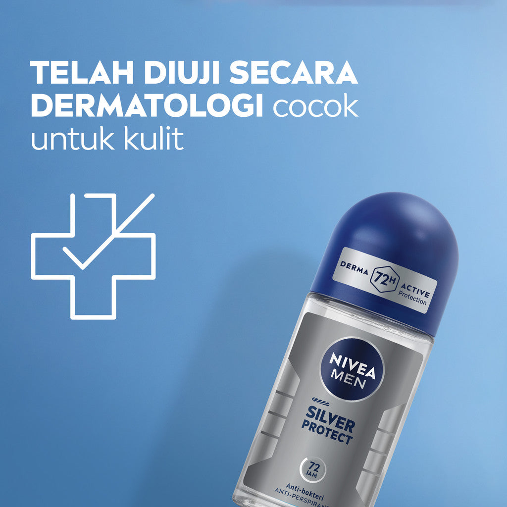 NIVEA MEN Deodorant Roll On Silver Protect 50ml - Deodoran pria anti bakteri antiperspirant anti noda baju wangi segar ketiak kering tahan lama seharian tahan keringat anti bau - Antiperspiran, tidak mengandung ethyl alkohol