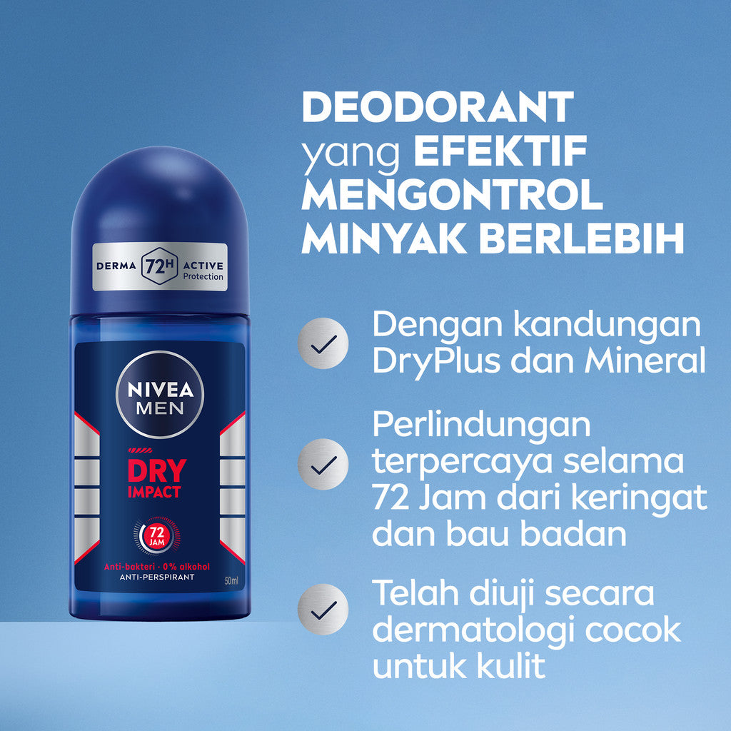 NIVEA MEN Deodorant Roll On Dry Impact 50ml - Deodoran pria anti bakteri antiperspirant anti noda baju wangi segar ketiak kering tahan lama seharian tahan keringat anti bau - Antiperspiran, tidak mengandung ethyl alkohol