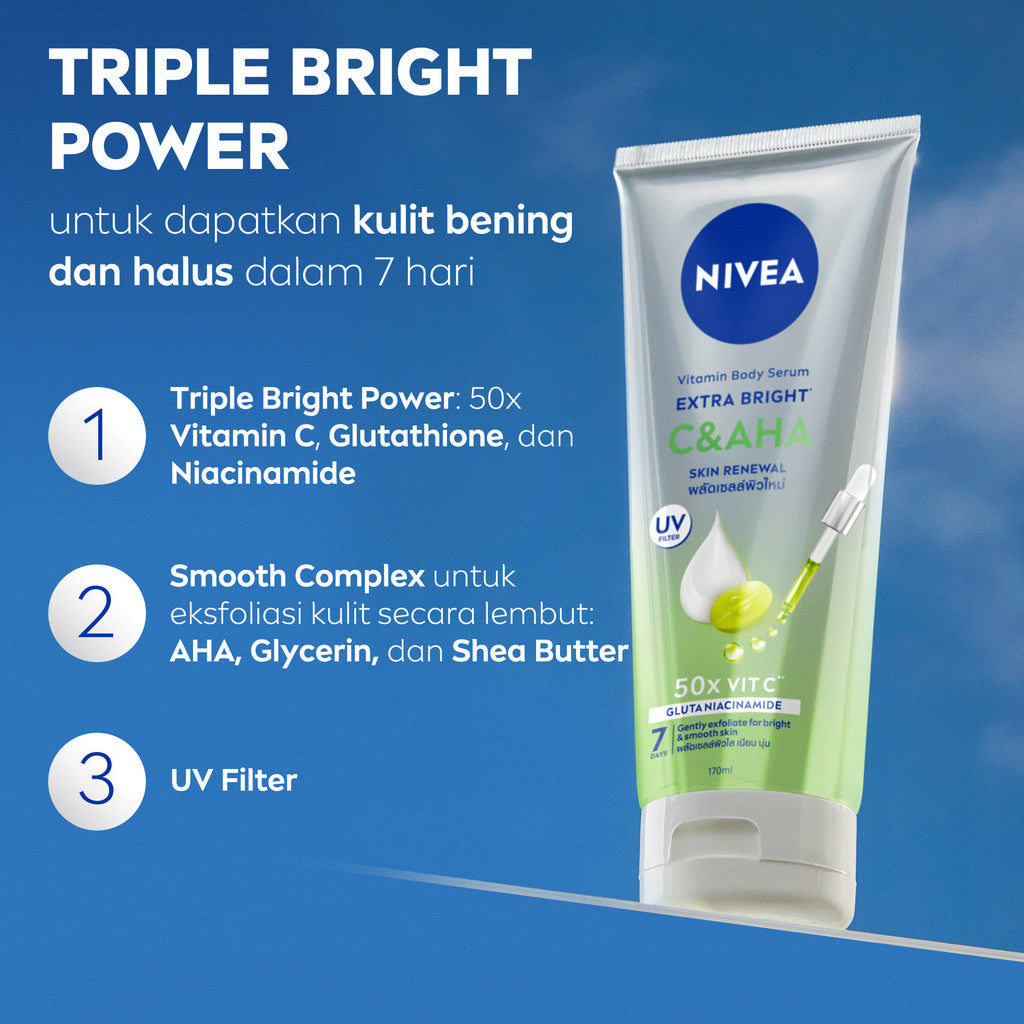 (PAKET HEMAT ISI 3) NIVEA Body Serum Extra Bright C&AHA UV Filter 170ml - Hand body serum lotion eksfoliasi halus gentle exfoliating mencerahkan kulit bening brightening melembabkan kering harian tidak lengket - Vitamin C, Niacinamide, Glutathione, AHA