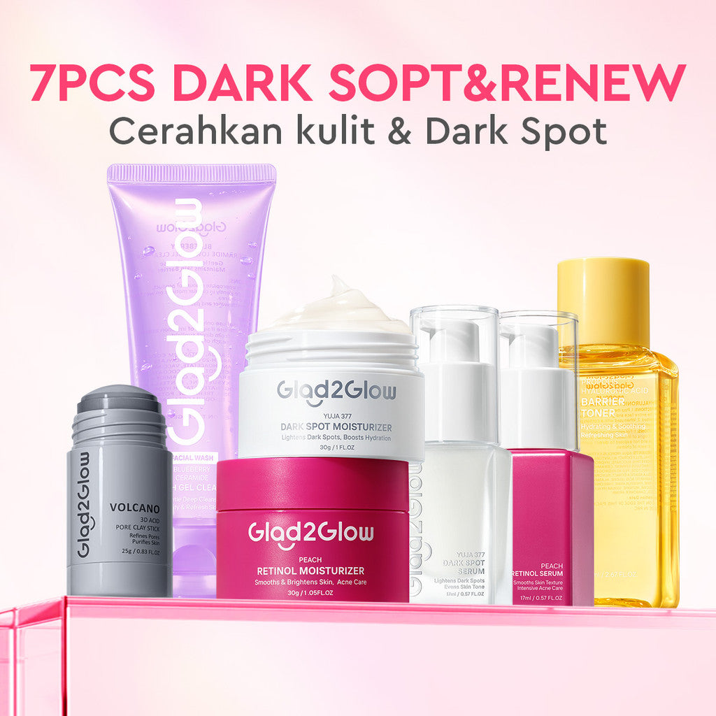 [ORDER NOW, HEMAT 30K]Glad2Glow Symwhite377 Dark Spot Bundle 7PCS-Yuja Skincare Cerah Brightening Moisturizer+Dark Spot Serum+Cleanser+Retinol Moisturizer+ Retinol Serum+Toner+Clay Stick Meringankan flek hitam mencerahkan warna kulit g2glow official store