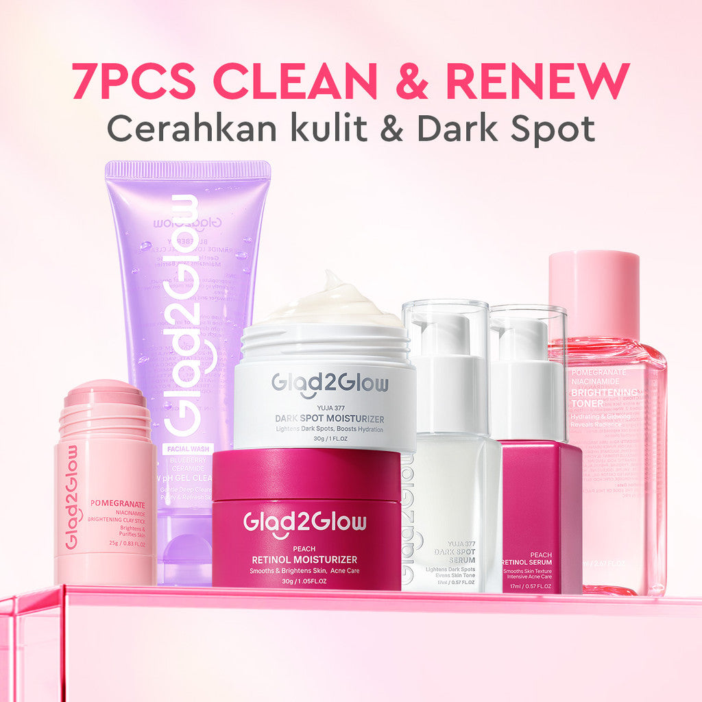 [ORDER NOW, HEMAT 30K]Glad2Glow Symwhite377 Dark Spot Bundle 7PCS-Yuja Skincare Cerah Brightening Moisturizer+Dark Spot Serum+Cleanser+Retinol Moisturizer+ Retinol Serum+Toner+Clay Stick Meringankan flek hitam mencerahkan warna kulit g2glow official store
