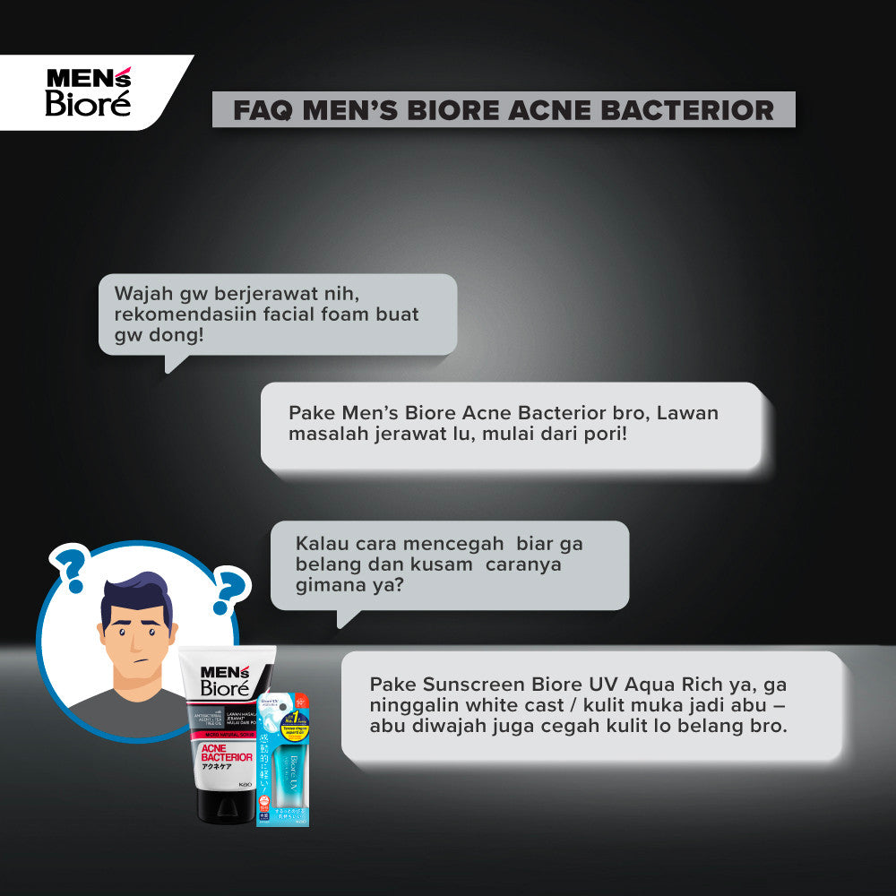 [Double Protection Kit] Men's Biore Double Scrub Sabun Muka Pria Acne Bacterior 100 gr+ UV Aqua Rich Sunscreen Watery Essence 15 gr