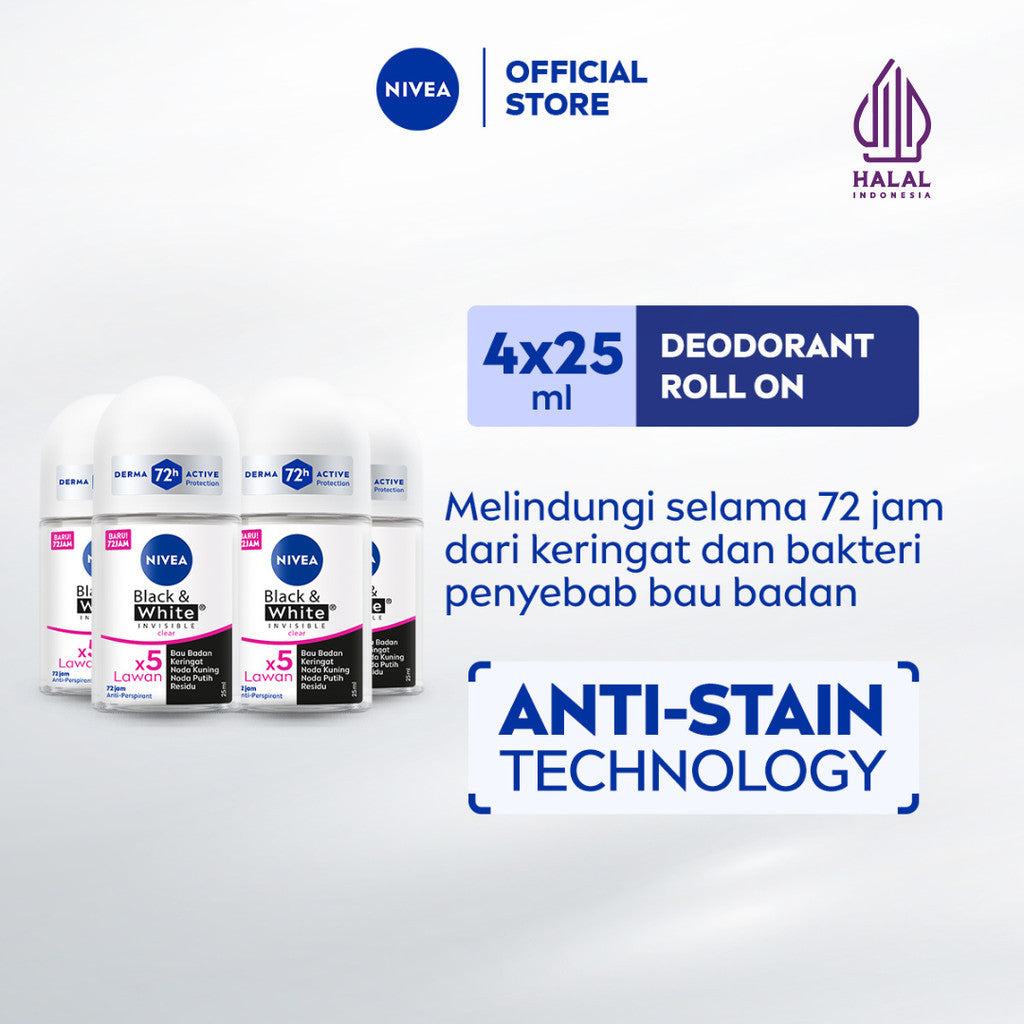 (PAKET HEMAT ISI 4) NIVEA Deodorant Roll On Black & White Invisible Original 25ml - Deodoran wanita melawan bau badan tahan keringat anti noda residu dengan wangi tahan lama seharian - Antiperspiran, tidak mengandung ethyl alkohol cocok semua jenis kulit