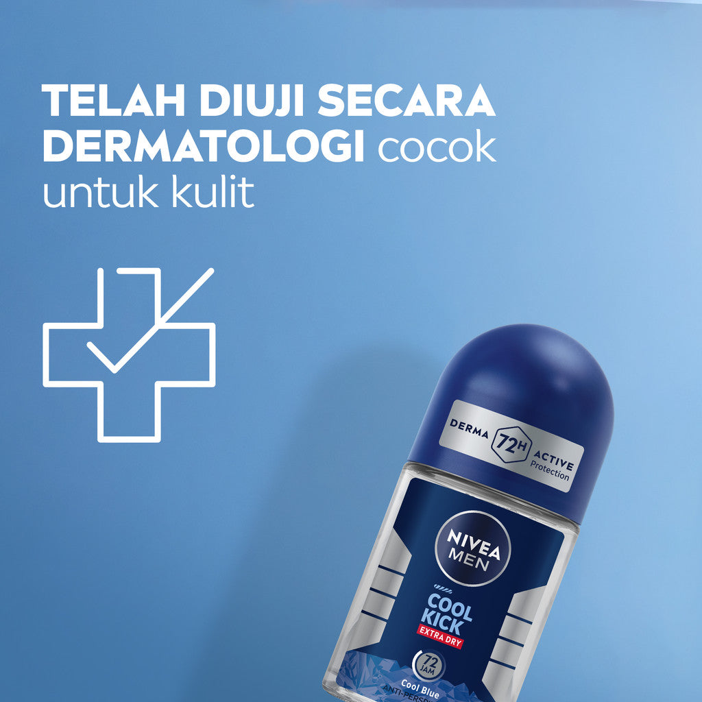 (PAKET HEMAT ISI 4) NIVEA MEN Deodorant Roll On Cool Kick 25ml - Deodoran pria perlindungan ekstra kering dari keringat bau badan dan sensasi dingin dan wangi sporty seharian - Antiperspiran, tidak mengandung ethyl alkohol cocok semua jenis kulit
