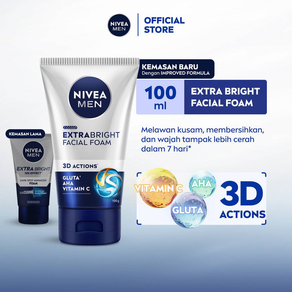 NIVEA MEN Facial Foam Extra Bright Facial Foam 100ml - Sabun cuci muka pria mencerahkan bintik hitam brightening kulit kusam cleanser facial wash pembersih wajah cerah membersihkan pori pori terdalam polusi debu kotoran - Glutathione, AHA, Vitamin C