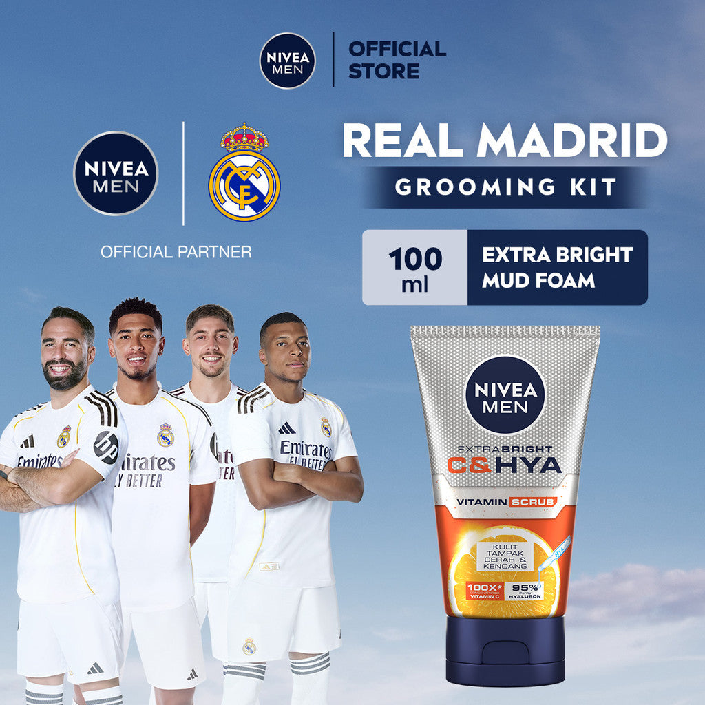 NIVEA MEN Vitamin Scrub Extra Bright C&HYA 100ml - Sabun cuci muka pria scrub mencerahkan mengangkat sel kulit mati brightening kulit kusam facial wash pembersih wajah cerah membersihkan pori pori polusi debu kotoran - Vitamin C, Hyaluronic acid