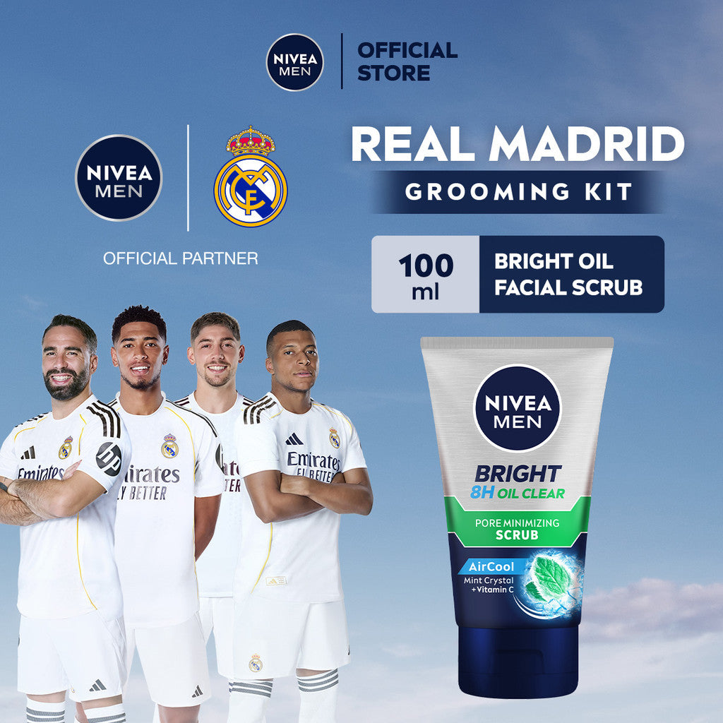 NIVEA MEN Face Scrub Bright Oil Clear Pore Minimizing Scrub 100ml - Sabun cuci muka pria scrub mencerahkan minyak berlebih berminyak kulit kusam pembersih wajah cerah mengecilkan pori komedo polusi debu kotoran - Vitamin C, Mint Crystal, Scrub halus