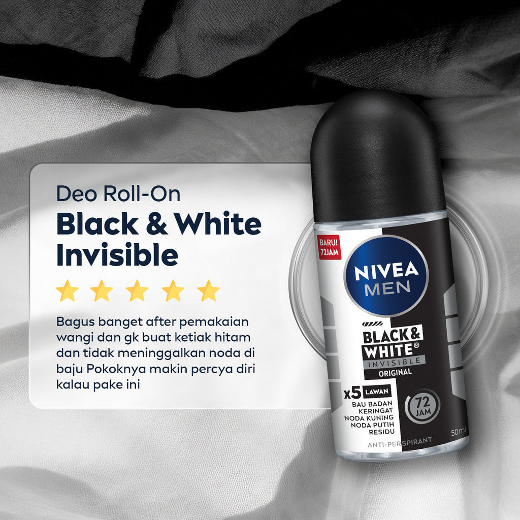 NIVEA MEN Deodorant Roll On Black & White Invisible Original 50ml - Deodoran pria melawan bakteri keringat bau badan dengan teknologi anti noda kuning putih dan residu wangi maskulin segar seharian - Antiperspiran, tidak mengandung ethyl alkohol