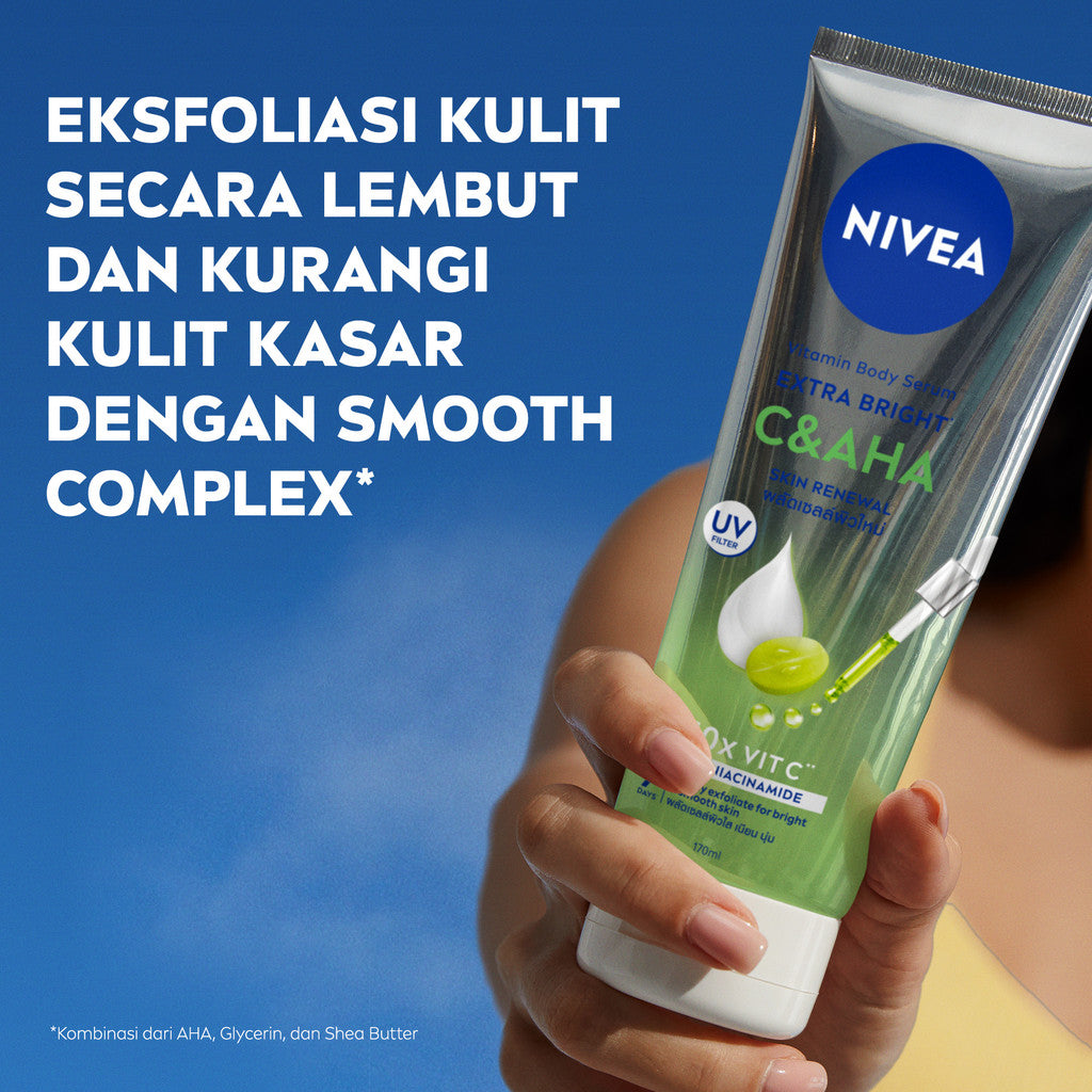 (PAKET HEMAT ISI 3) NIVEA Body Serum Extra Bright C&AHA UV Filter 170ml - Hand body serum lotion eksfoliasi halus gentle exfoliating mencerahkan kulit bening brightening melembabkan kering harian tidak lengket - Vitamin C, Niacinamide, Glutathione, AHA