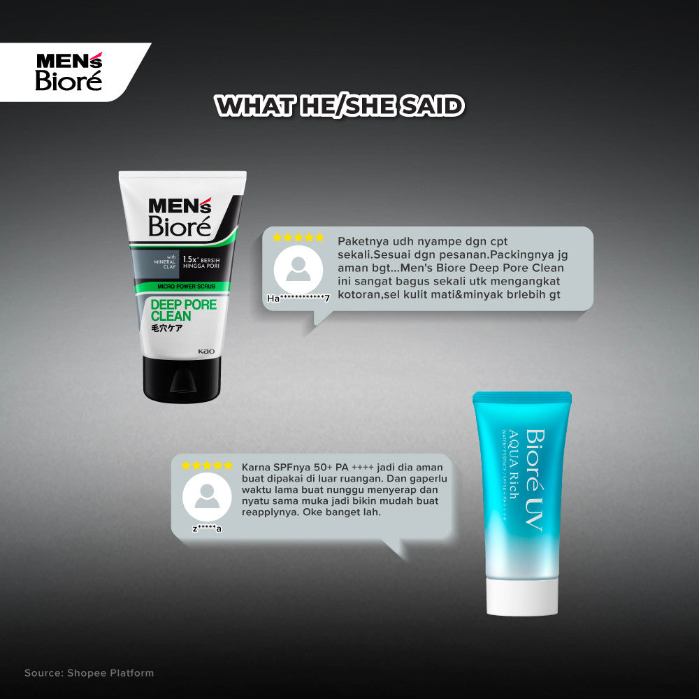 [Double Protection Kit] Men's Biore Double Scrub Sabun Muka Pria Deep Fresh 100 gr + UV Aqua Rich Sunscreen Watery Essence 15 gr