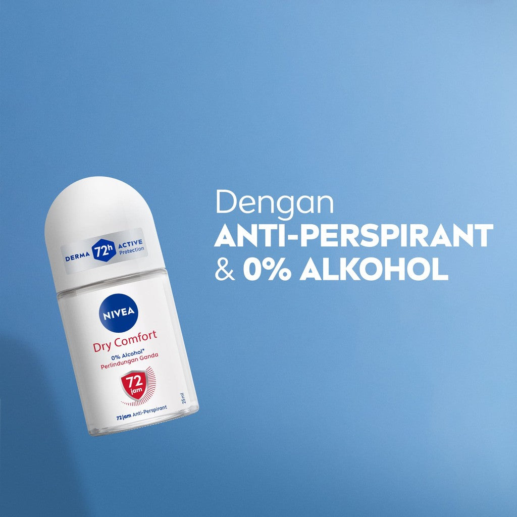 (PAKET HEMAT ISI 4) NIVEA Deodorant Roll On Dry Comfort 25ml - Deodoran wanita kering mengontrol minyak anti bau keringat dan bakteri aroma lembut segar tahan lama seharian - Antiperspiran, tidak mengandung ethyl alkohol cocok untuk semua jenis kulit