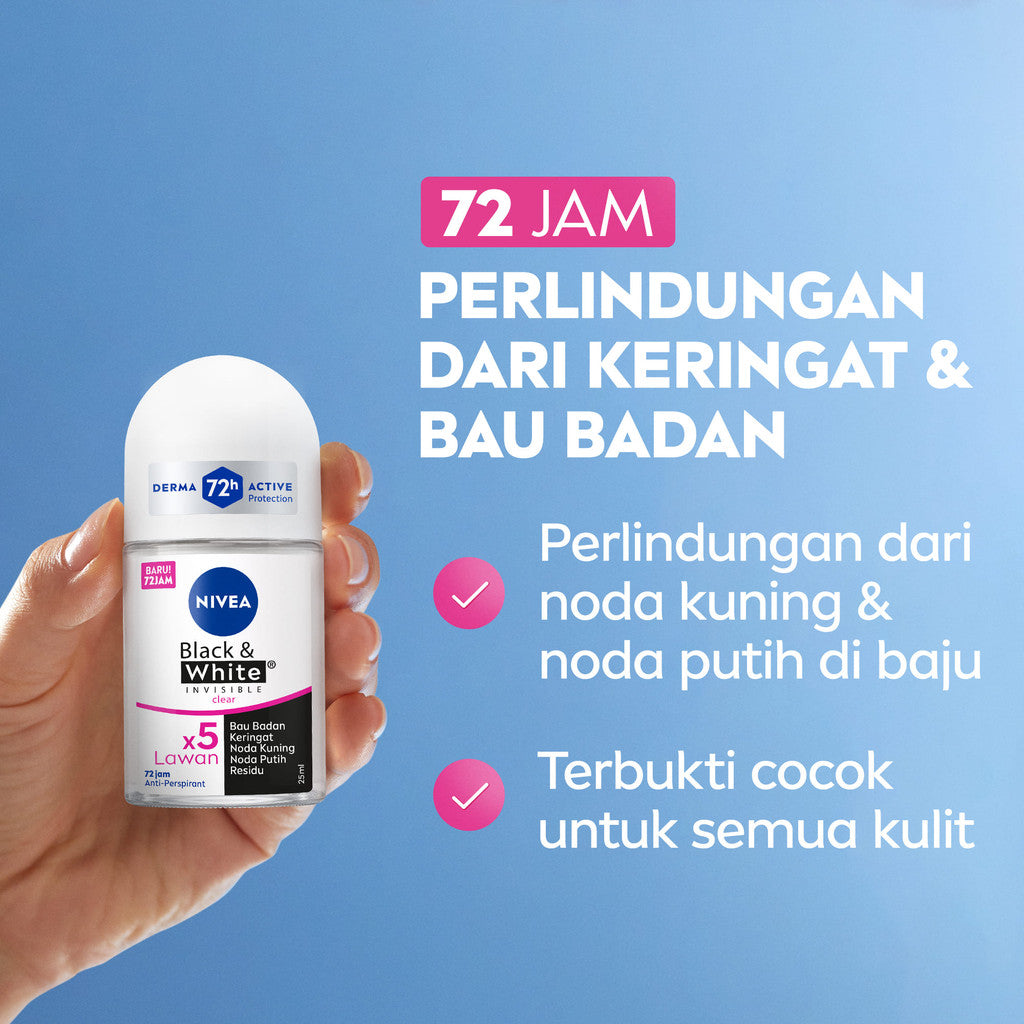 (PAKET HEMAT ISI 4) NIVEA Deodorant Roll On Black & White Invisible Original 25ml - Deodoran wanita melawan bau badan tahan keringat anti noda residu dengan wangi tahan lama seharian - Antiperspiran, tidak mengandung ethyl alkohol cocok semua jenis kulit