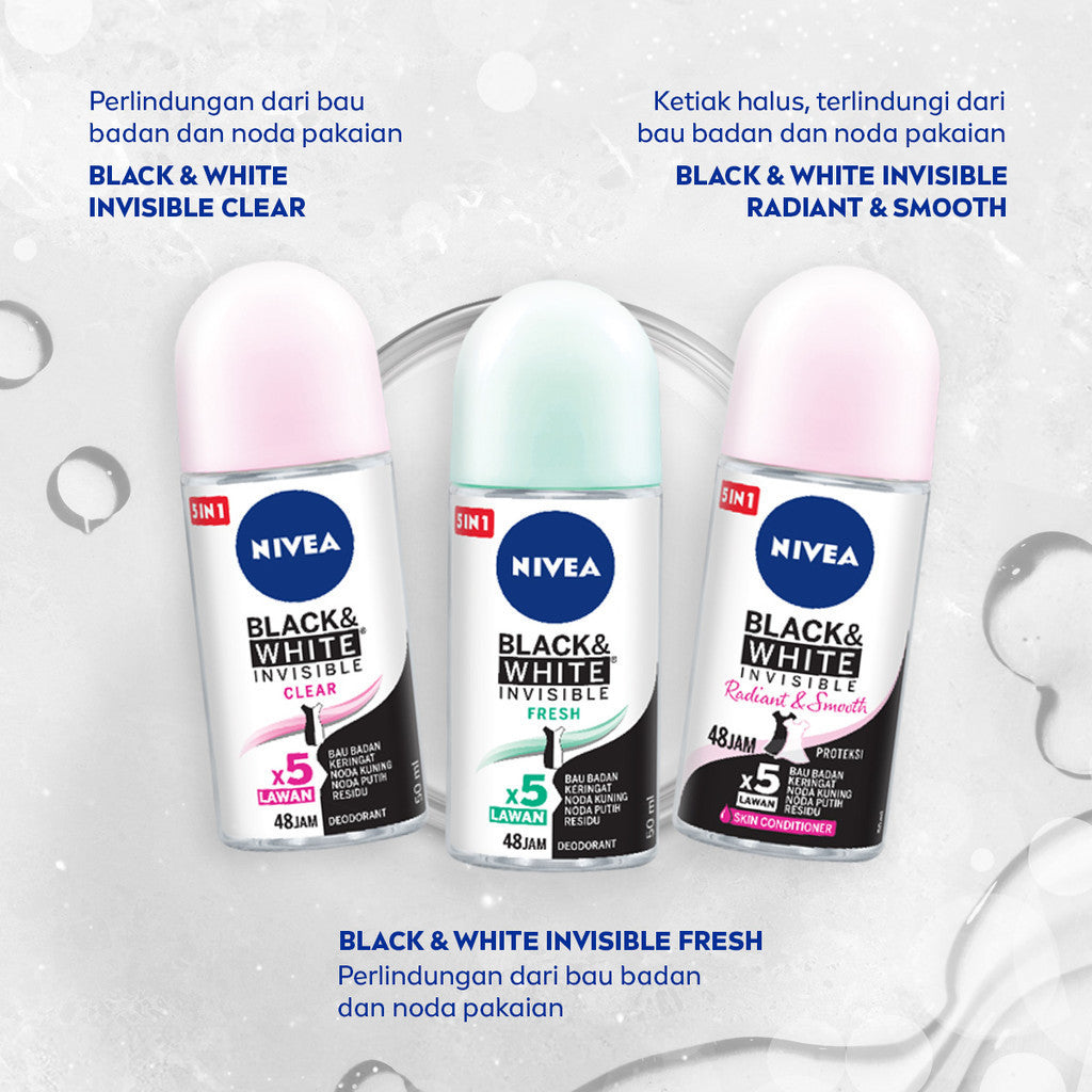 (PAKET HEMAT ISI 3) NIVEA Deodorant Roll On Black & White Invisible Fresh 50ml - Deodoran wanita melawan bau badan tahan keringat anti noda residu dengan wangi tahan lama seharian - Antiperspiran, tidak mengandung ethyl alkohol cocok semua jenis kulit