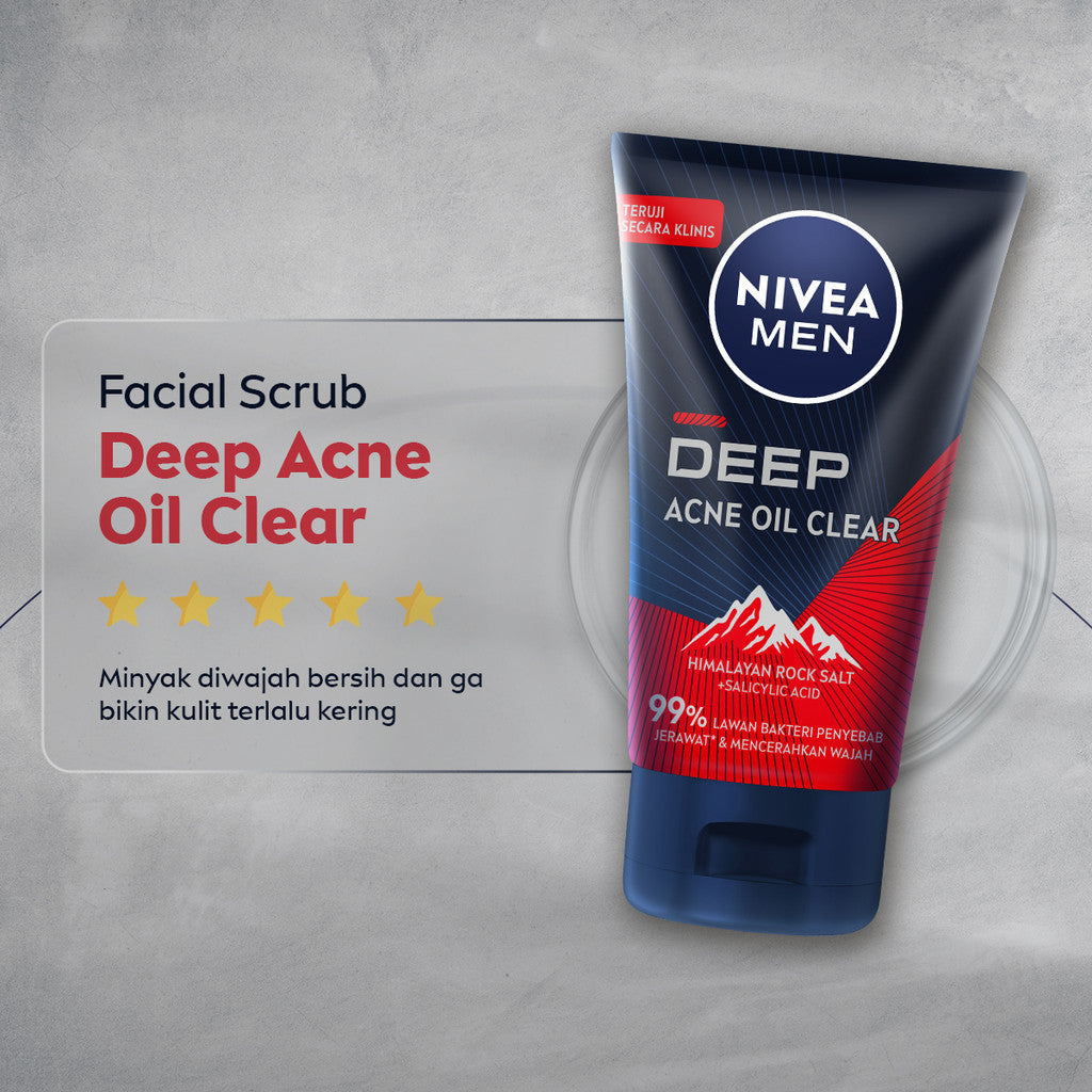 (PAKET HEMAT ISI 3) NIVEA MEN Facial Foam Deep Acne Oil Clear Face Scrub 100ml - Sabun cuci muka pria wajah membersihkan bakteri penyebab jerawat komedo kontrol kulit berminyak mengecilkan pori dan angkat sel kulit mati - Himalayan Salt, Salicylic Acid