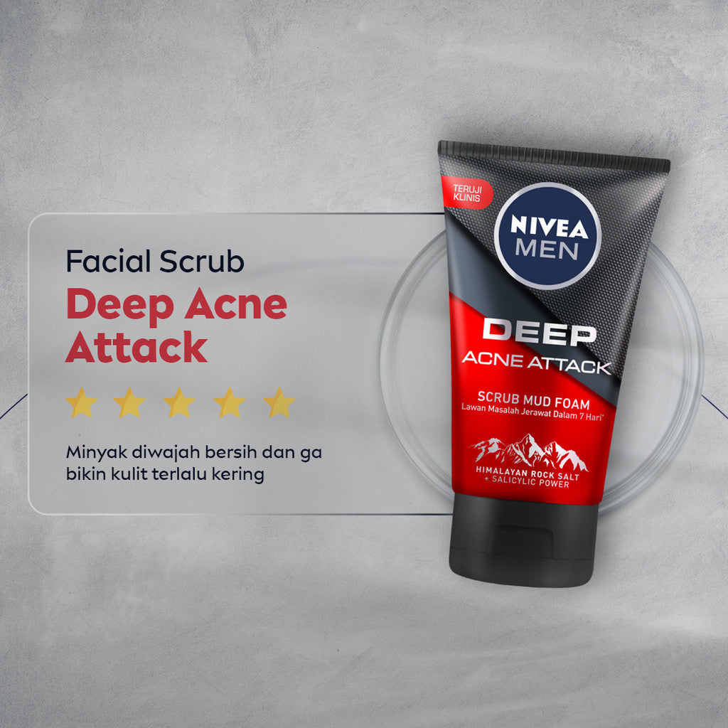 (PAKET HEMAT ISI 2) NIVEA MEN Facial Foam Deep Acne Oil Clear Face Scrub 100ml - Sabun cuci muka pria wajah membersihkan bakteri penyebab jerawat komedo kontrol kulit berminyak mengecilkan pori dan angkat sel kulit mati - Himalayan Salt, Salicylic Acid