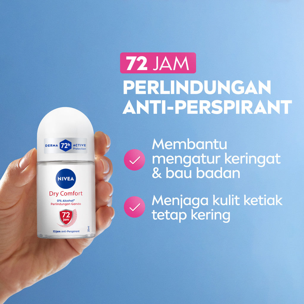 NIVEA Deodorant Roll On Dry Comfort 25ml - Deodoran wanita kering mengontrol minyak anti bau keringat dan bakteri dengan aroma lembut segar tahan lama seharian - Antiperspiran, tidak mengandung ethyl alkohol cocok untuk semua jenis kulit