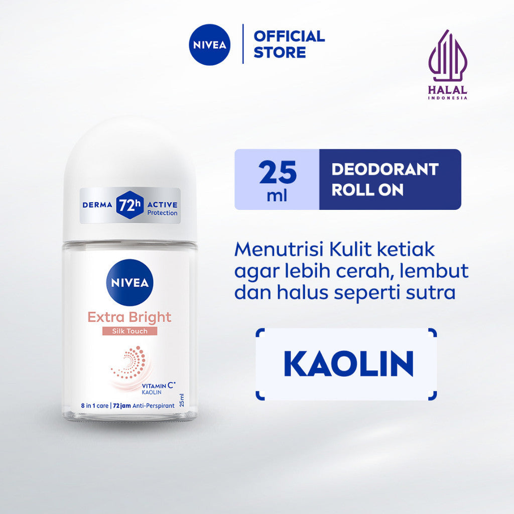 NIVEA Deodorant Roll On Brightening Silk Touch 25ml - Deodoran wanita mencerahkan brightening menutrisi kulit ketiak halus lembut dan cerah dengan wangi segar tahan lama seharian - Vitamin C, Kaolin, 0% alkohol cocok untuk semua jenis kulit