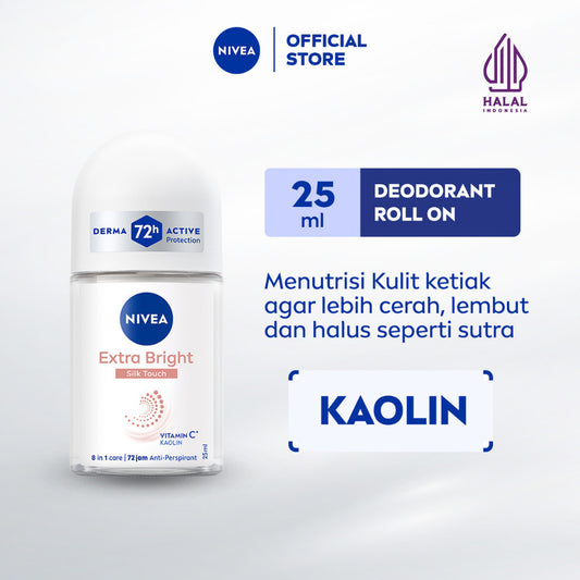 NIVEA Deodorant Roll On Brightening Silk Touch 25ml - Deodoran wanita mencerahkan brightening menutrisi kulit ketiak halus lembut dan cerah dengan wangi segar tahan lama seharian - Vitamin C, Kaolin, 0% alkohol cocok untuk semua jenis kulit