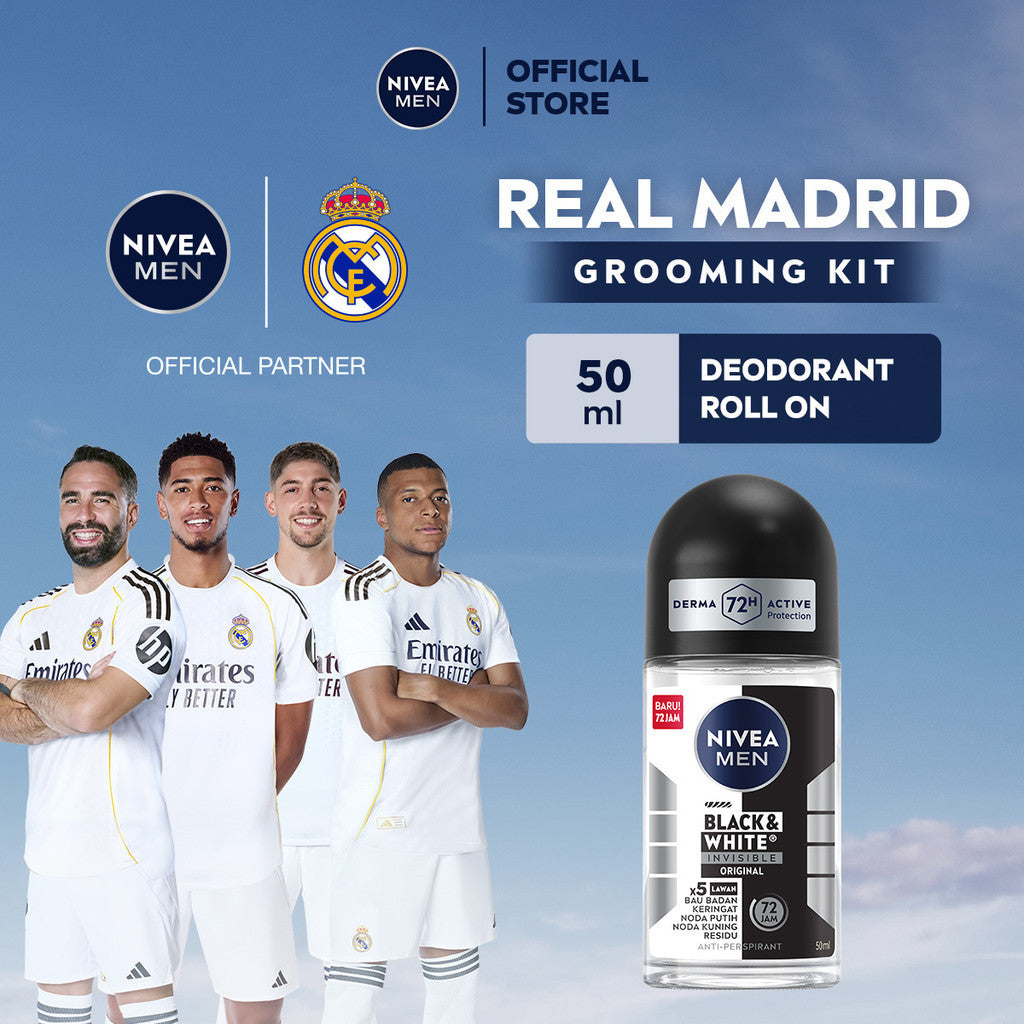 NIVEA MEN Deodorant Roll On Black & White Invisible Original 50ml - Deodoran pria melawan bakteri keringat bau badan dengan teknologi anti noda kuning putih dan residu wangi maskulin segar seharian - Antiperspiran, tidak mengandung ethyl alkohol