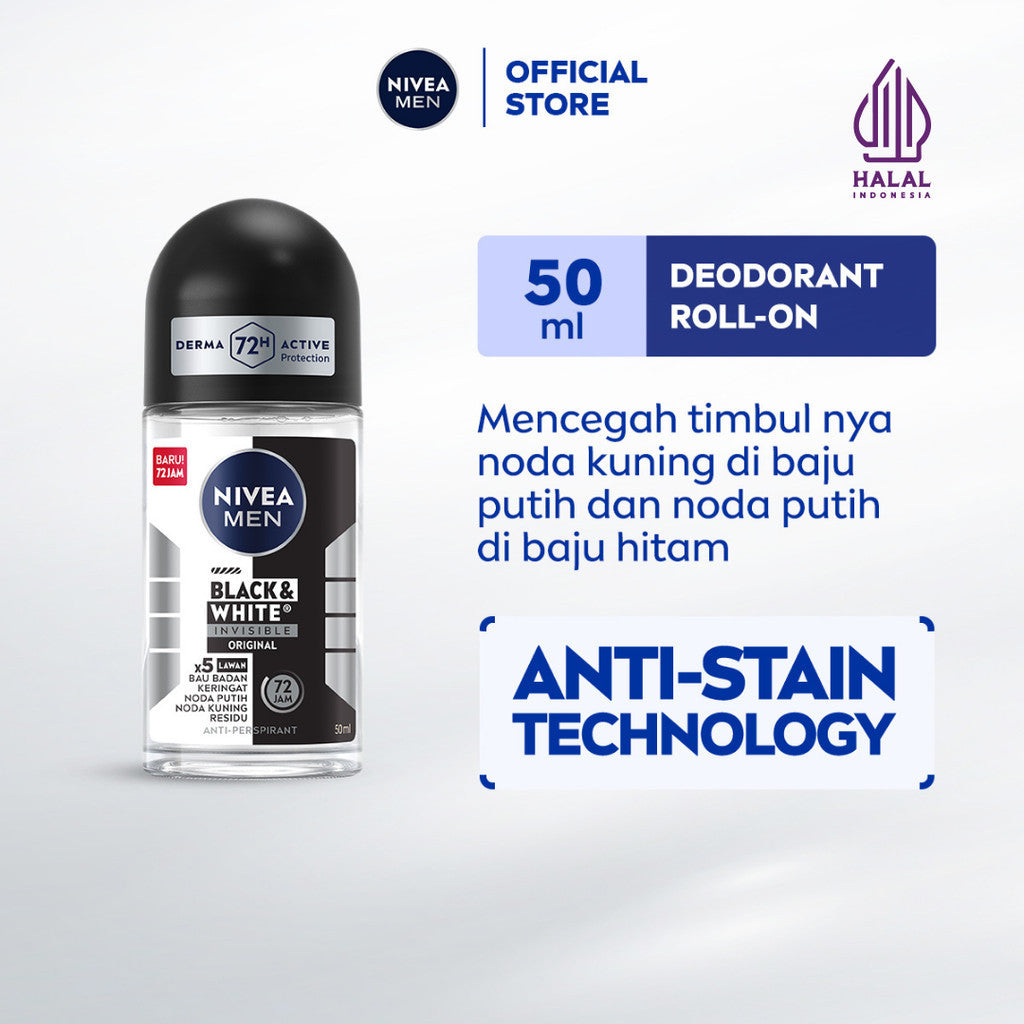 NIVEA MEN Deodorant Roll On Black & White Invisible Original 50ml - Deodoran pria melawan bakteri keringat bau badan dengan teknologi anti noda kuning putih dan residu wangi maskulin segar seharian - Antiperspiran, tidak mengandung ethyl alkohol