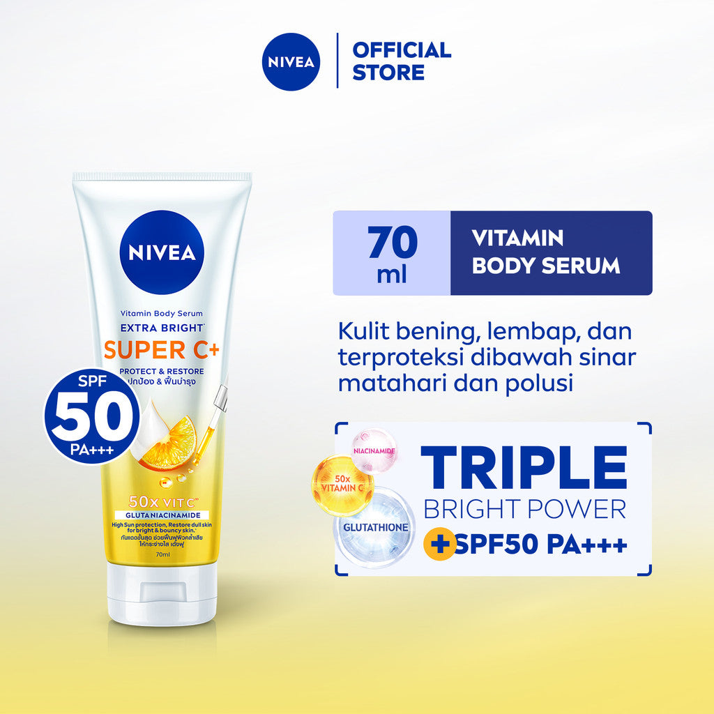 NIVEA Body Serum Extra Bright Super C+ SPF50+ PA+++ 70ml - Hand body serum lotion moisturizer mencerahkan kulit kusam bening badan glowing brightening melembabkan kering SPF UV matahari harian tidak lengket - Vitamin C, Niacinamide, Glutathione