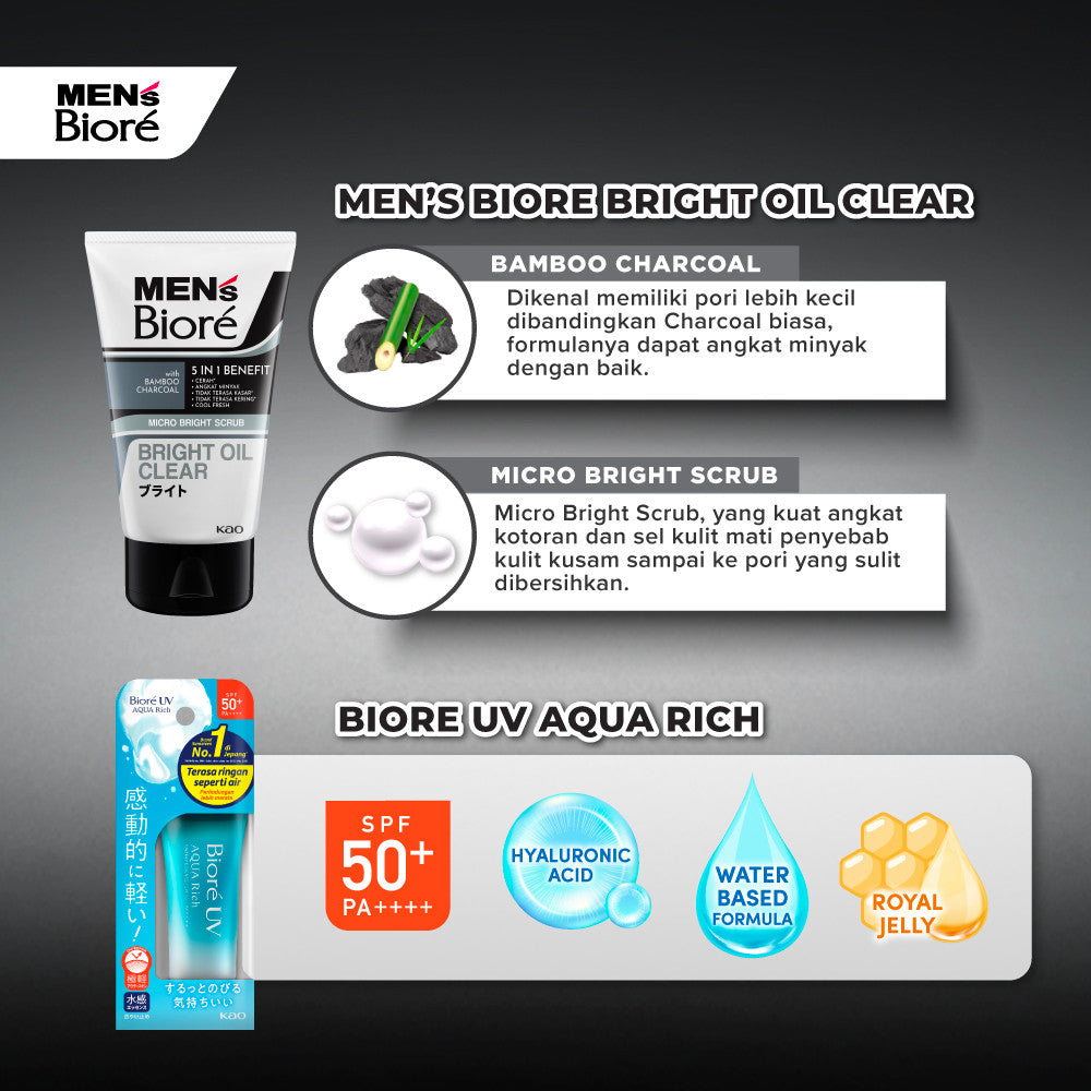 [Double Protection Kit] Men's Biore Sabun Wajah Pria Bright Oil Clear 100 gr + Biore UV 15gr