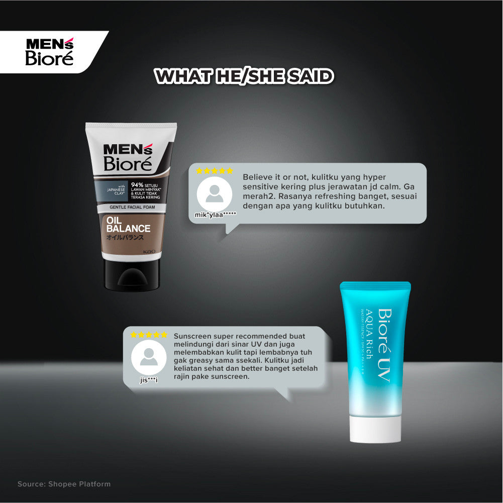 [Double Protection Kit] Men's Biore Non Scrub Sabun Muka Pria Oil Balance 100 gr + UV Aqua Rich Sunscreen Watery Essence 15 gr