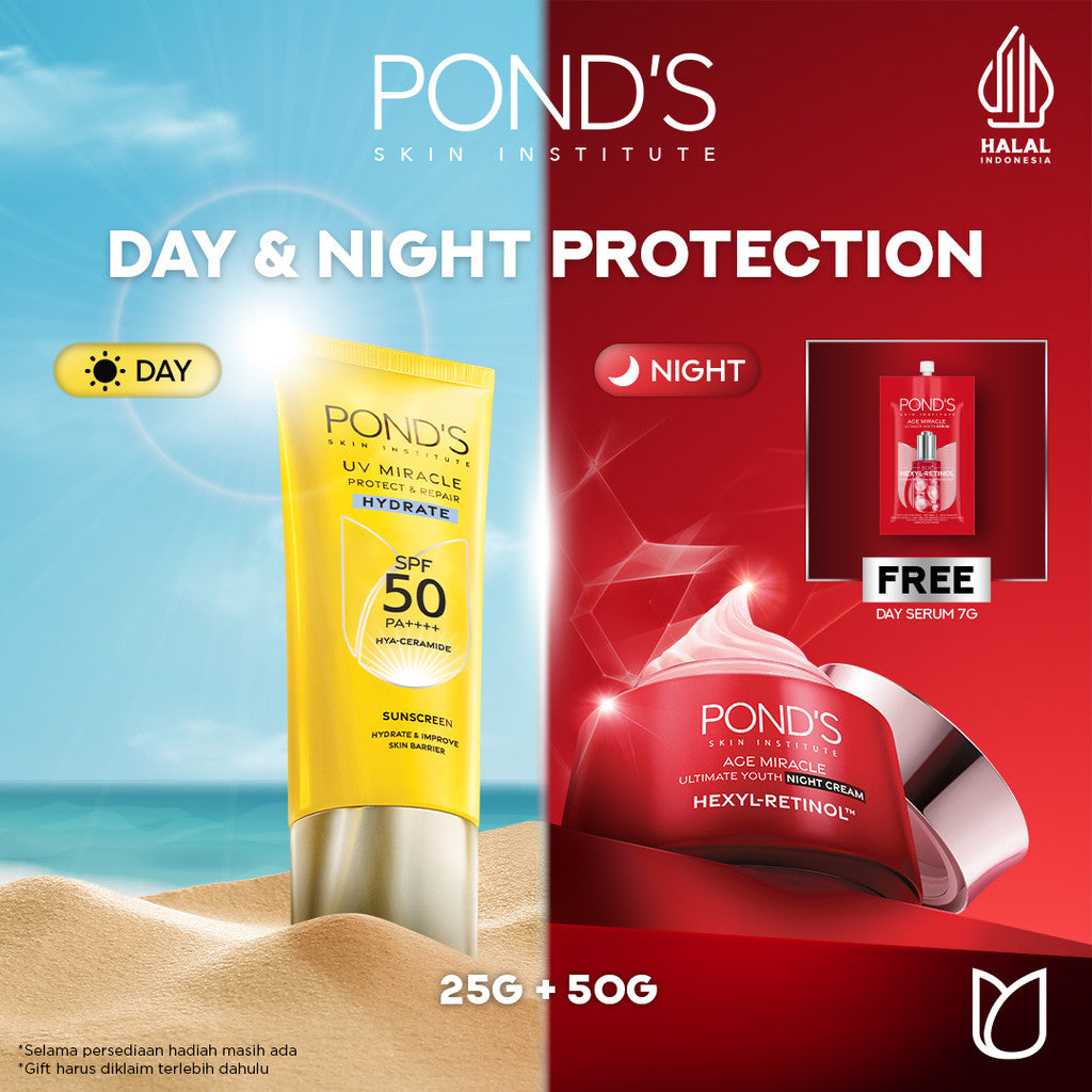 [Day & Night Protection] POND'S Age Miracle Night Cream 50gr & UV Miracle Hydrate SPF 50 25gr