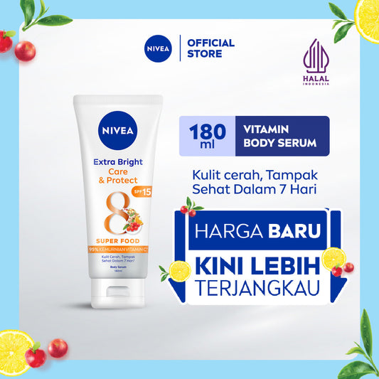 NIVEA Body Serum Extra Bright Care & Protect SPF 15 180ml - Hand body serum lotion moisturizer mencerahkan kulit kusam badan glowing brightening tone up melembabkan kering SPF UV matahari sunscreen - 95% Vitamin C, Grapeseed Oil, 8 Super food