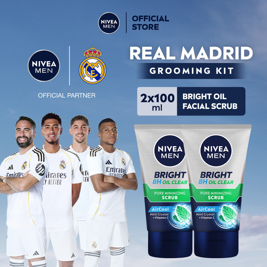 (PAKET HEMAT ISI 2) NIVEA MEN Face Scrub Bright Oil Clear Pore Minimizing Scrub 100ml - Sabun cuci muka pria scrub mencerahkan minyak berlebih berminyak kulit kusam wajah cerah mengecilkan pori komedo polusi debu - Vitamin C, Mint Crystal, Scrub halus