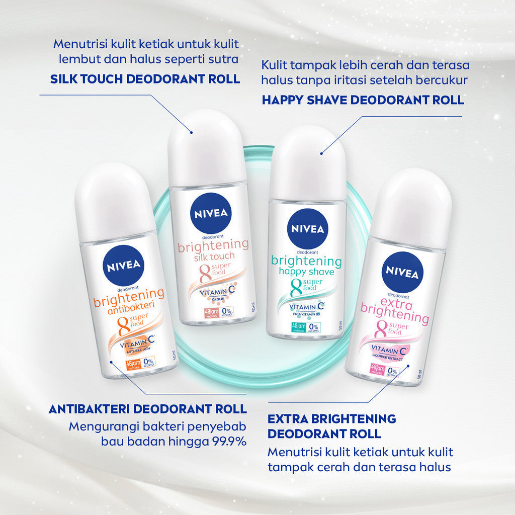 NIVEA Deodorant Roll On Brightening Happy Shave 50ml - Deodoran wanita mencerahkan mencerahkan brightening ketiak halus mulus mengurangi iritasi setelah bercukur - Vitamin C, Pro-vitamin B5, Aloe vera, 0% alkohol cocok semua jenis kulit