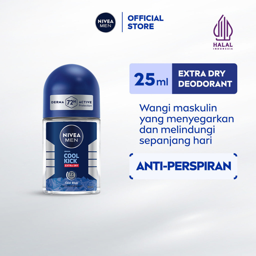 NIVEA MEN Deodorant Roll On Cool Kick 25ml - Deodoran pria perlindungan ekstra kering dari keringat bau badan dengan sensasi dingin dan wangi sporty maskulin seharian - Antiperspiran, tidak mengandung ethyl alkohol cocok untuk semua jenis kulit