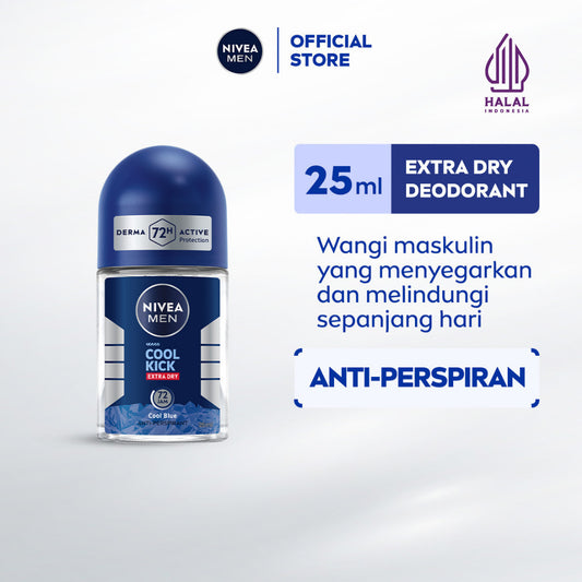 NIVEA MEN Deodorant Roll On Cool Kick 25ml - Deodoran pria perlindungan ekstra kering dari keringat bau badan dengan sensasi dingin dan wangi sporty maskulin seharian - Antiperspiran, tidak mengandung ethyl alkohol cocok untuk semua jenis kulit