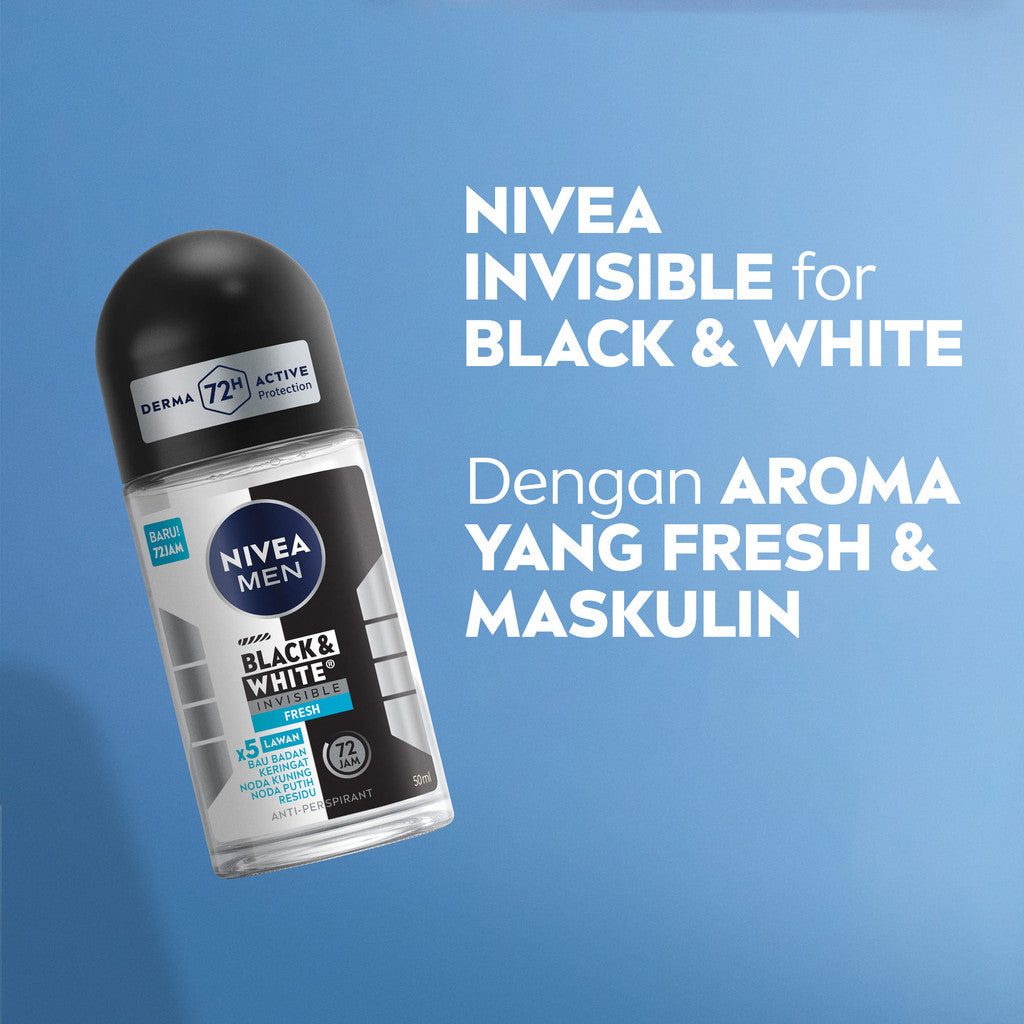 NIVEA MEN Deodorant Roll On Black & White Invisible Fresh 50ml - Deodoran pria melawan bakteri keringat bau badan dengan teknologi anti noda kuning putih dan residu wangi maskulin segar seharian - Antiperspiran, tidak mengandung ethyl alkohol