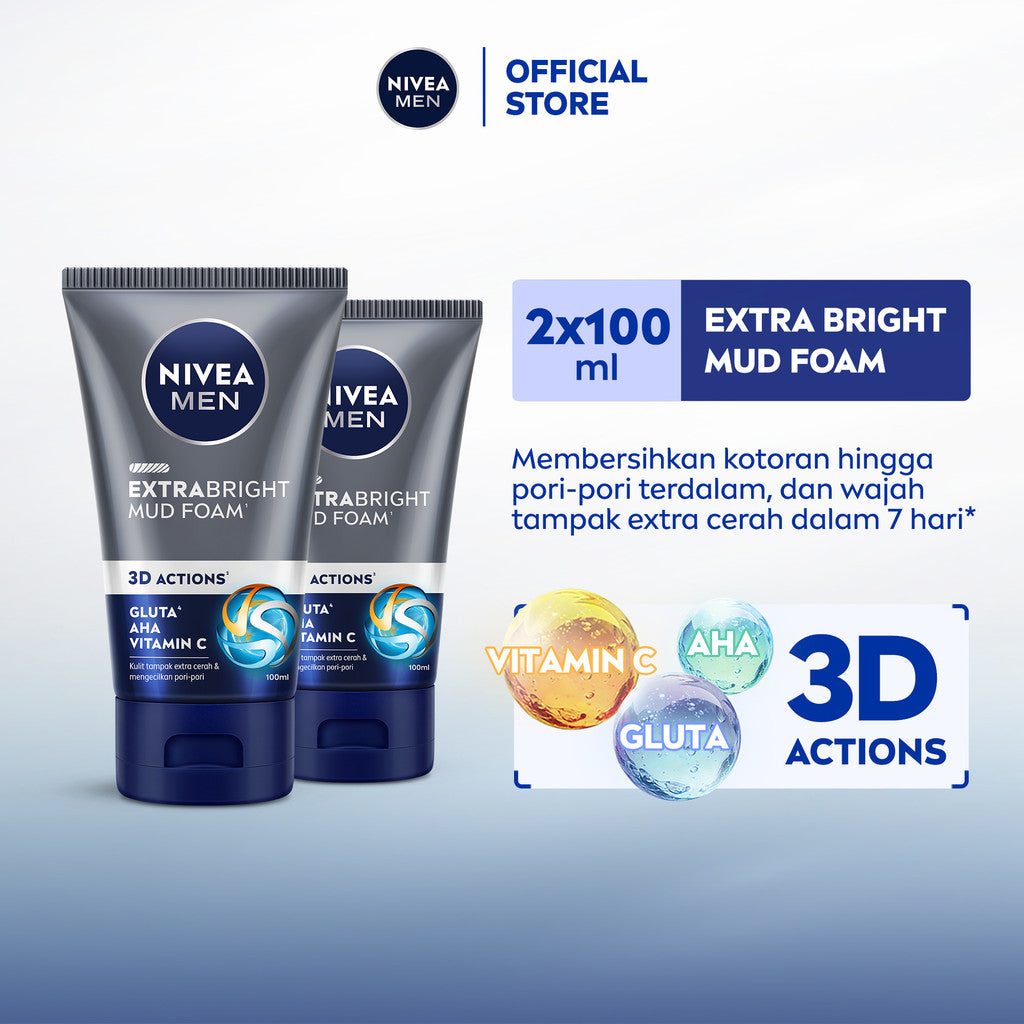 (PAKET HEMAT ISI 2) NIVEA MEN Mud Foam Extra Bright Mud Foam 100ml - Sabun cuci muka pria mencerahkan bintik hitam brightening kulit kusam facial wash wajah cerah membersihkan pori pori terdalam polusi debu kotoran - Glutathione, AHA, Vitamin C