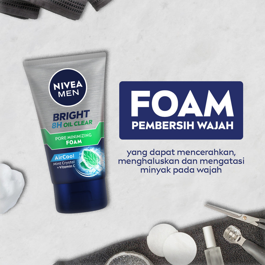 (PAKET HEMAT ISI 3) NIVEA MEN Facial Foam Bright Oil Clear Pore Minimizing Foam 100ml - Sabun cuci muka pria mencerahkan minyak berlebih berminyak kulit kusam pembersih wajah cerah mengecilkan pori komedo polusi debu kotoran - Vitamin C, Mint Crystal