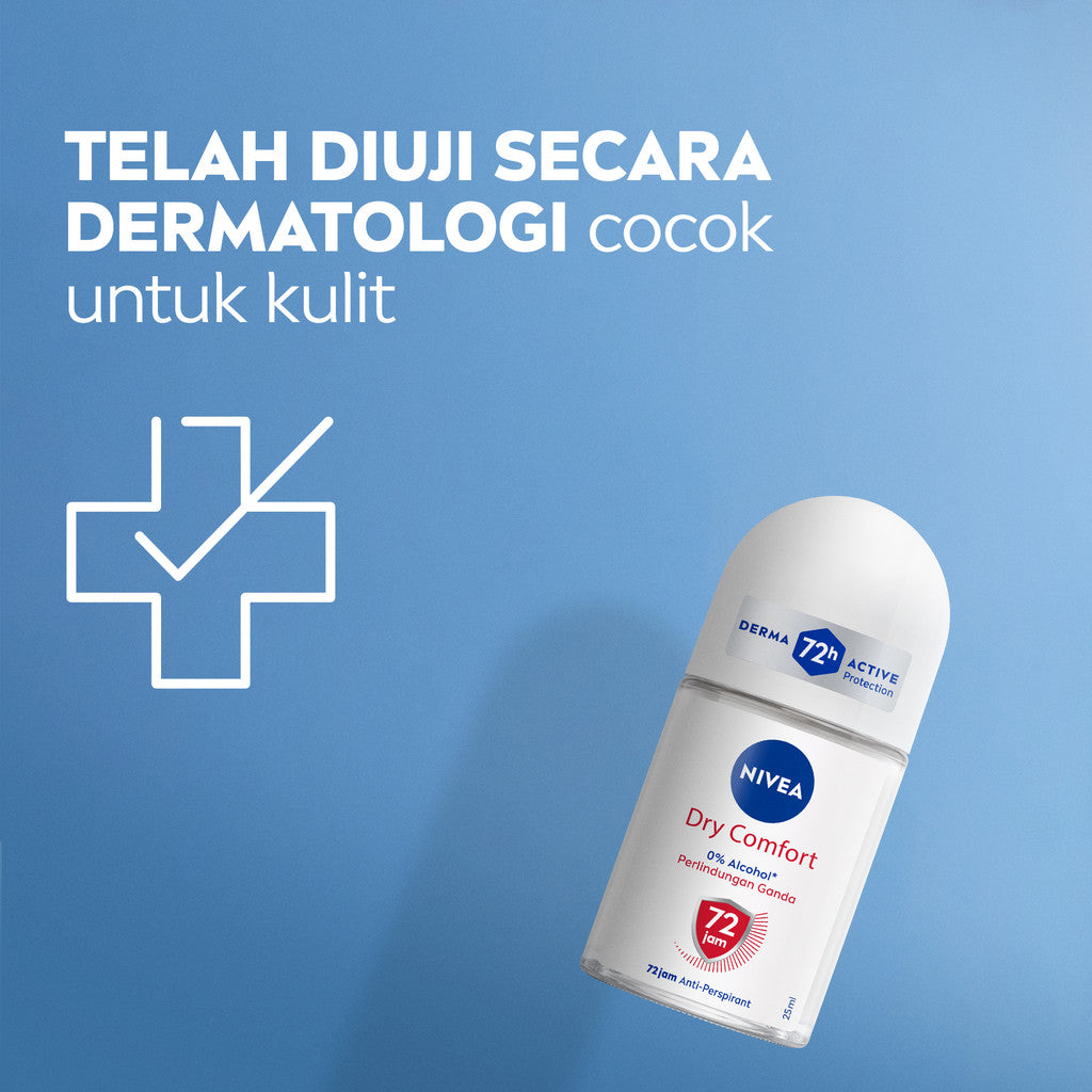 NIVEA Deodorant Roll On Dry Comfort 25ml - Deodoran wanita kering mengontrol minyak anti bau keringat dan bakteri dengan aroma lembut segar tahan lama seharian - Antiperspiran, tidak mengandung ethyl alkohol cocok untuk semua jenis kulit