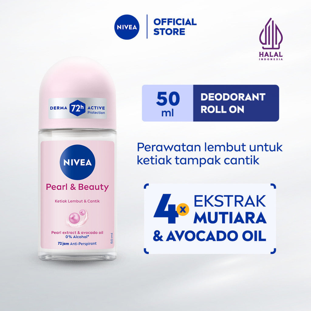 NIVEA Deodorant Roll On Pearl & Beauty 50ml - Deodoran wanita mencerahkan brightening glowing kulit ketiak halus tahan keringat dan anti bau badan - Antiperspiran, Ekstrat mutiara, Avocado oil, 0% alkohol cocok untuk semua jenis kulit