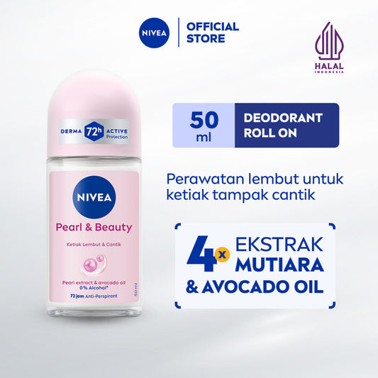 NIVEA Deodorant Roll On Pearl & Beauty 50ml - Deodoran wanita mencerahkan brightening glowing kulit ketiak halus tahan keringat dan anti bau badan - Antiperspiran, Ekstrat mutiara, Avocado oil, 0% alkohol cocok untuk semua jenis kulit