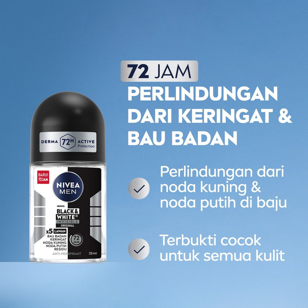 NIVEA MEN Deodorant Roll On Black & White Invisible Original 25ml - Deodoran pria melawan bakteri keringat bau badan dengan teknologi anti noda kuning putih dan residu wangi maskulin segar seharian - Antiperspiran, tidak mengandung ethyl alkohol