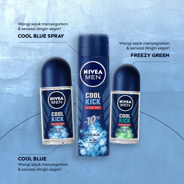 NIVEA MEN Deodorant Roll On Cool Kick Freezy Green 50ml - Deodoran pria perlindungan ekstra kering dari keringat bau badan dengan sensasi dingin menthol wangi maskulin - Antiperspiran, tidak mengandung ethyl alkohol cocok untuk semua jenis kulit